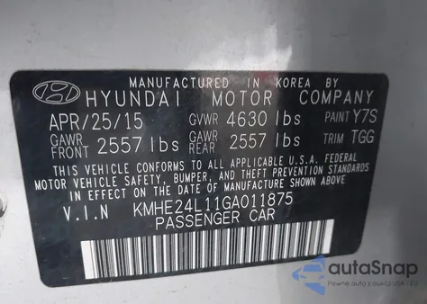 2016 Hyundai Sonata Hybrid Se z USA, uszkodzony, nr VIN KMHE24L11GA011875